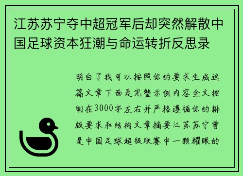 江苏苏宁夺中超冠军后却突然解散中国足球资本狂潮与命运转折反思录 江苏苏宁夺中超冠军后却突然解散中国足球资本狂潮与命运转折反思录