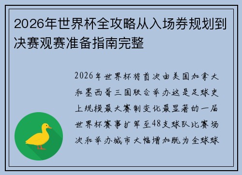 2026年世界杯全攻略从入场券规划到决赛观赛准备指南完整